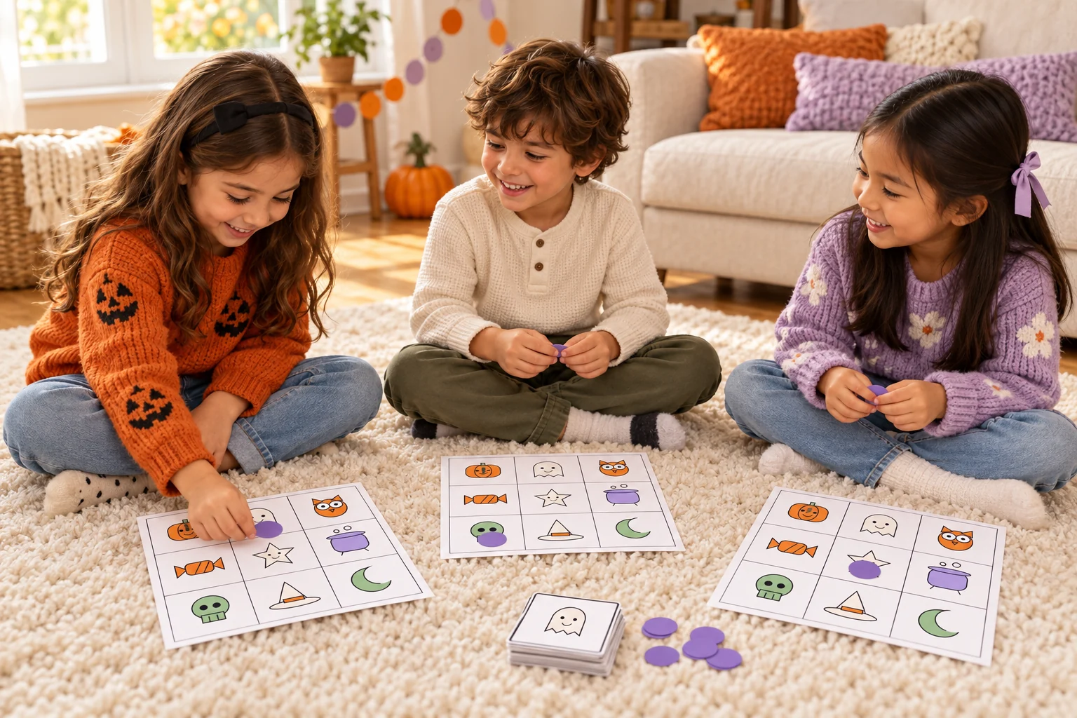 Illustrative scene of three children sitting on a living-room rug and playing with Halloween picture bingo sheets and purple paper markers.